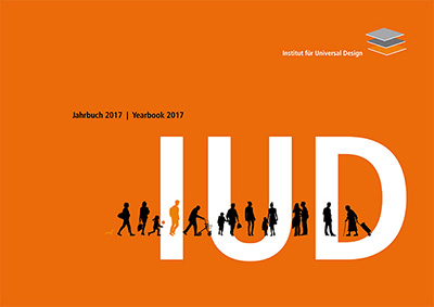 Titelseite des IUD-Jahrbuchs. Orangefarbener Hintergrund, die Buchstaben IUD groß in weiß, schwarze Silhouetten von Menschen.