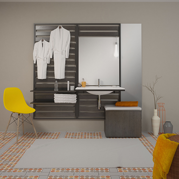 Burgbad Funktionswand mit flexibel positionierbaren Elementen: Waschtisch, Ablage, Spiegel, Kleiderhaken