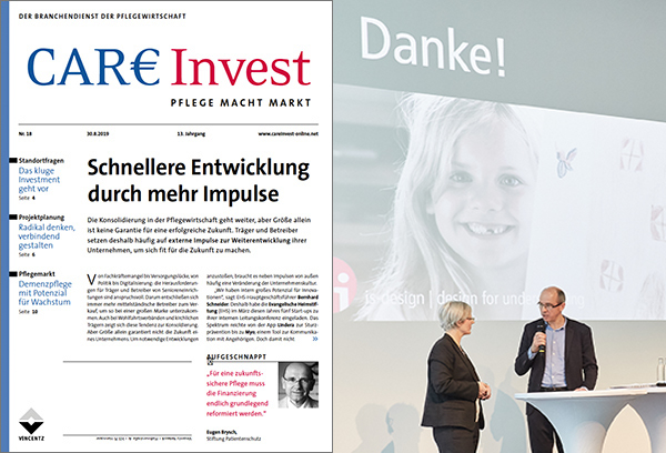 Titelblatt Zeitschrift CareInvest und Bild vom Vortrag von Veronika Egger