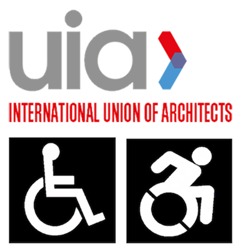 Logo UIA, Piktogramme mit Rollstuhlfahrer*in